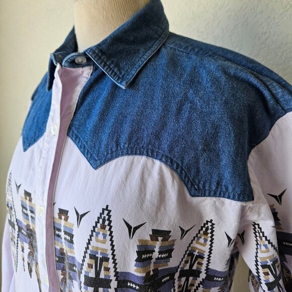 Adobe Rose VIntage 90s Western Two Tone White Blue Aztec Feather Button Shirt M - Picture 4 of 8